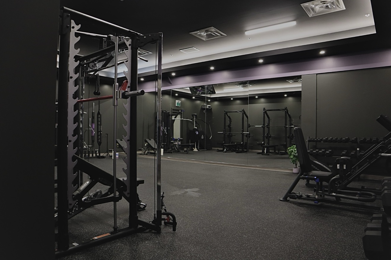 Wide view of the private Orléans studio with strength equipment and mirrored walls